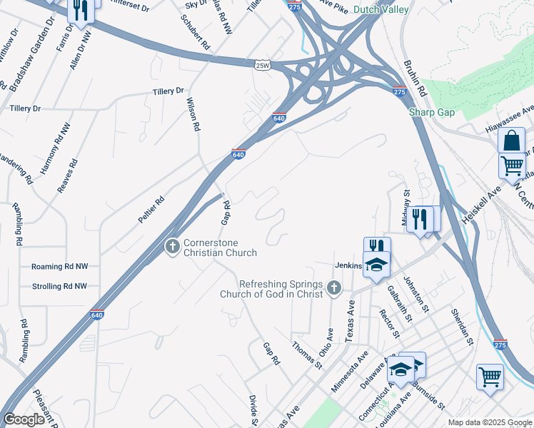 map of restaurants, bars, coffee shops, grocery stores, and more near 1456 Cassell Drive in Knoxville