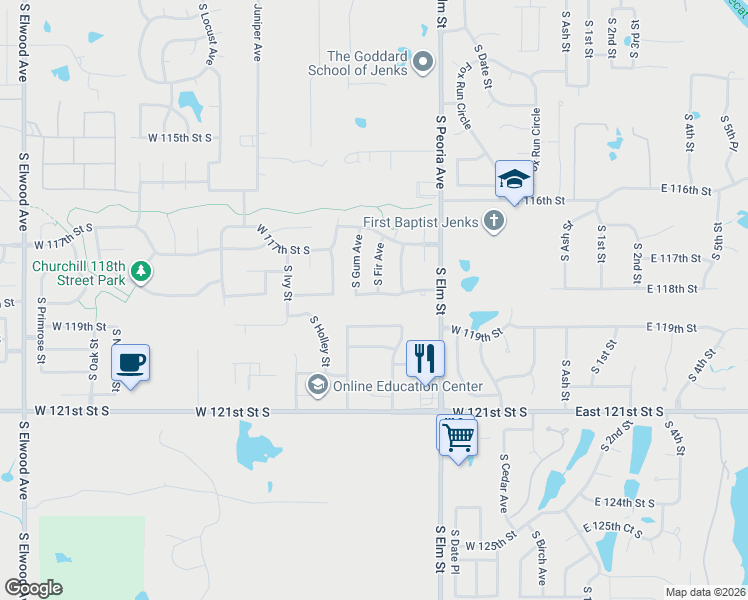 map of restaurants, bars, coffee shops, grocery stores, and more near 11720 South Fir Avenue in Jenks