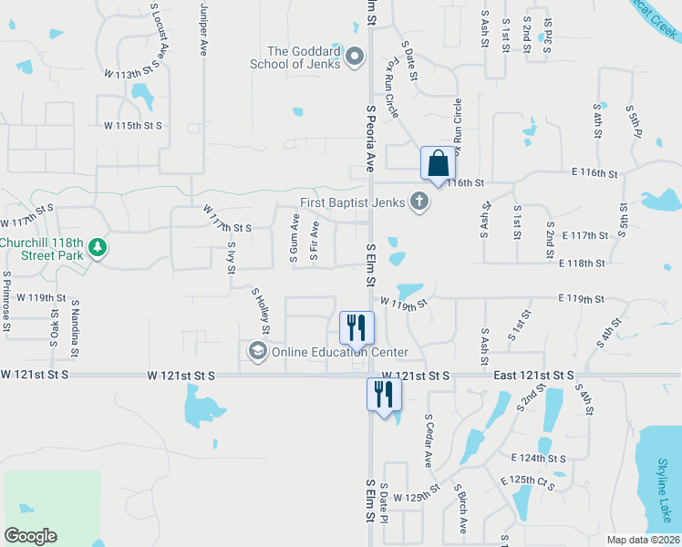 map of restaurants, bars, coffee shops, grocery stores, and more near 611 West 118th Street South in Jenks