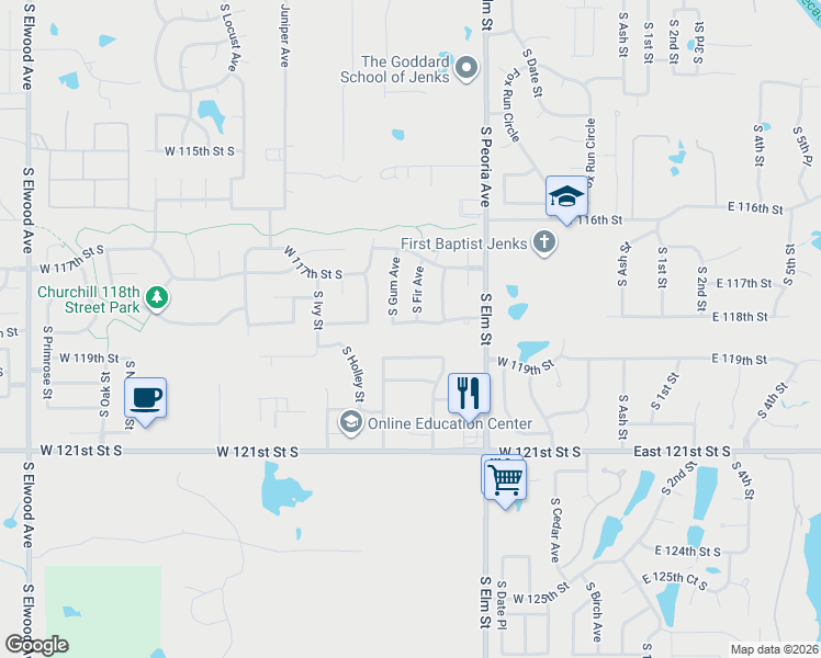 map of restaurants, bars, coffee shops, grocery stores, and more near 11720 South Fir Avenue in Jenks