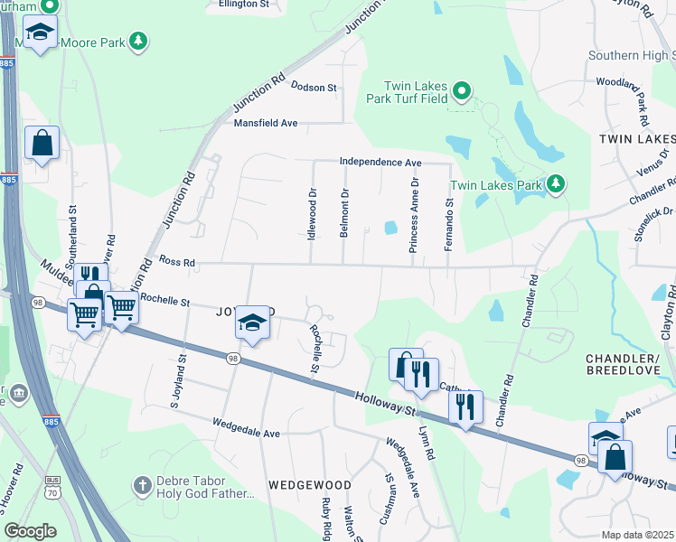 map of restaurants, bars, coffee shops, grocery stores, and more near 2714 Ross Road in Durham