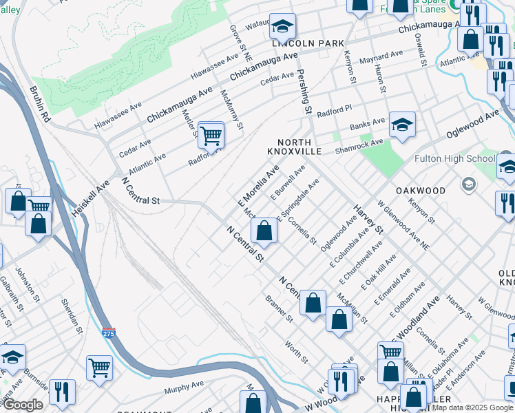 map of restaurants, bars, coffee shops, grocery stores, and more near 212 East Morelia Avenue in Knoxville