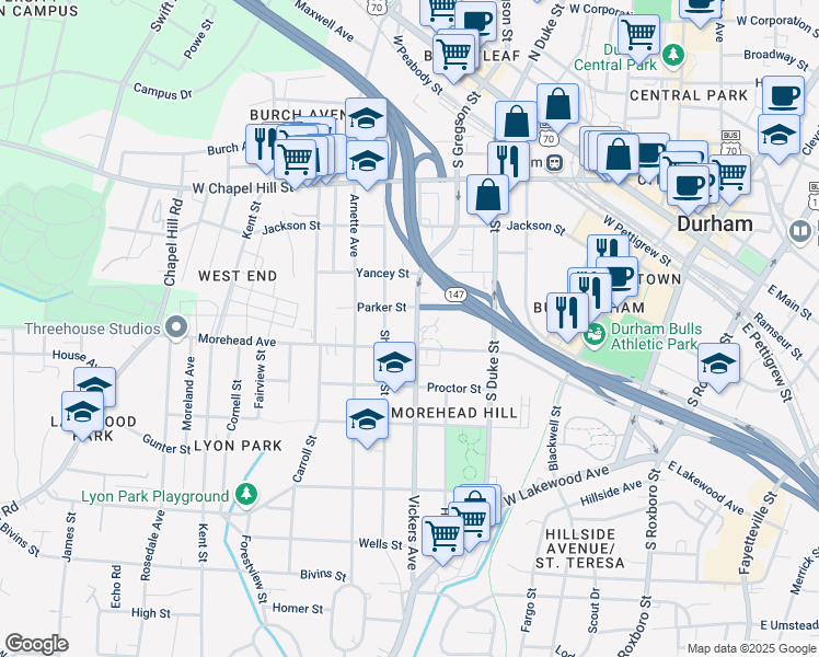 map of restaurants, bars, coffee shops, grocery stores, and more near 908 Vickers Avenue in Durham