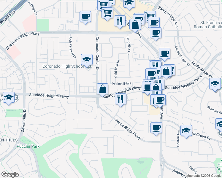 map of restaurants, bars, coffee shops, grocery stores, and more near Kona Crest Avenue in Henderson