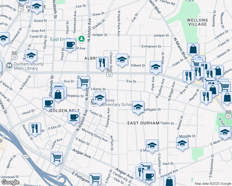 map of restaurants, bars, coffee shops, grocery stores, and more near 611 North Hyde Park Avenue in Durham