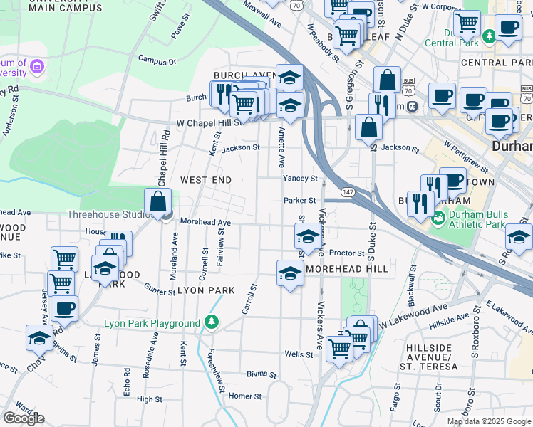 map of restaurants, bars, coffee shops, grocery stores, and more near 905 South Buchanan Boulevard in Durham
