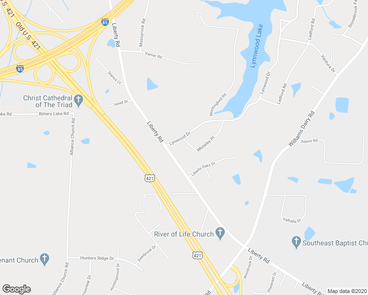 map of restaurants, bars, coffee shops, grocery stores, and more near 1702 Whiteley Place in Greensboro