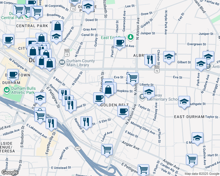 map of restaurants, bars, coffee shops, grocery stores, and more near 907 Taylor Street in Durham