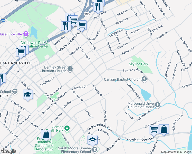 map of restaurants, bars, coffee shops, grocery stores, and more near 3531 Skyline Drive in Knoxville