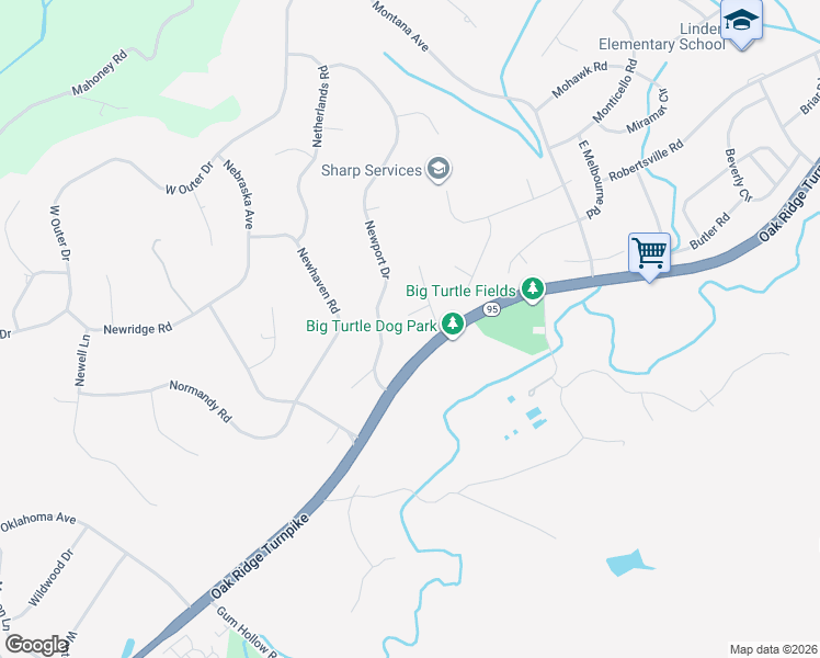 map of restaurants, bars, coffee shops, grocery stores, and more near 105 Nantucket Way in Oak Ridge