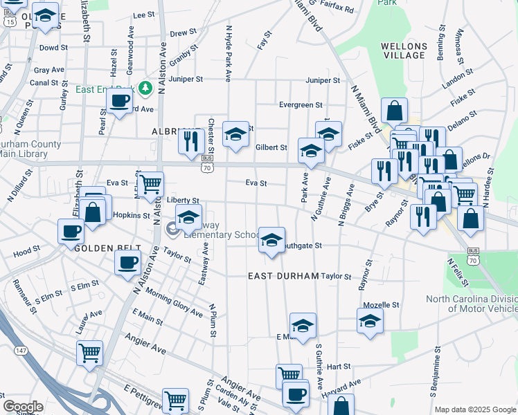 map of restaurants, bars, coffee shops, grocery stores, and more near 1202 Liberty Street in Durham