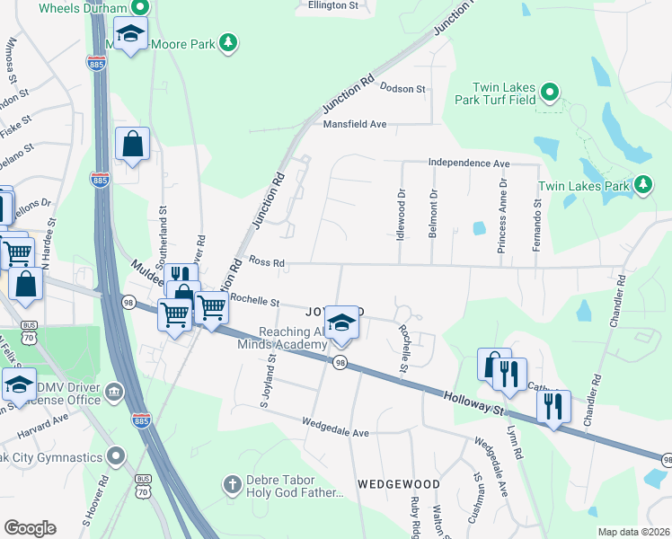 map of restaurants, bars, coffee shops, grocery stores, and more near 227 North Adams Street in Durham