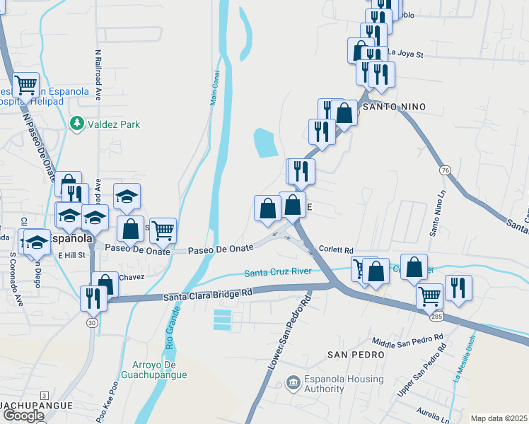 map of restaurants, bars, coffee shops, grocery stores, and more near 101-299 W Solano Ln in Espanola
