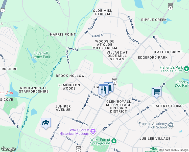 map of restaurants, bars, coffee shops, grocery stores, and more near 318 West Chestnut Avenue in Wake Forest
