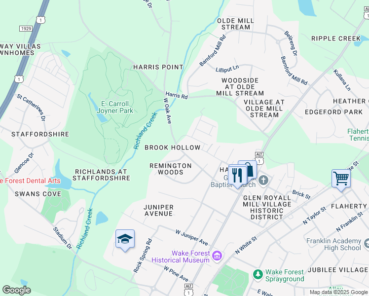 map of restaurants, bars, coffee shops, grocery stores, and more near 370 West Oak Avenue in Wake Forest