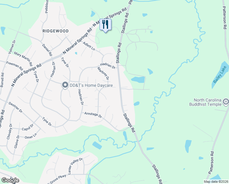 map of restaurants, bars, coffee shops, grocery stores, and more near 5806 Thistlerock Lane in Durham