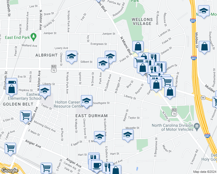 map of restaurants, bars, coffee shops, grocery stores, and more near 705 North Guthrie Avenue in Durham