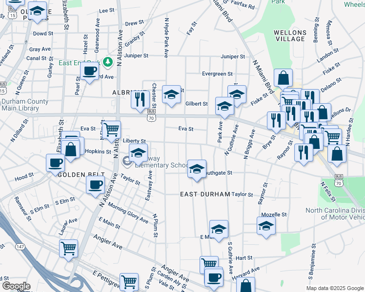 map of restaurants, bars, coffee shops, grocery stores, and more near 1114 Liberty Street in Durham