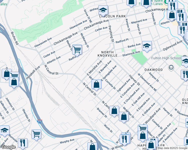 map of restaurants, bars, coffee shops, grocery stores, and more near 212 East Morelia Avenue in Knoxville