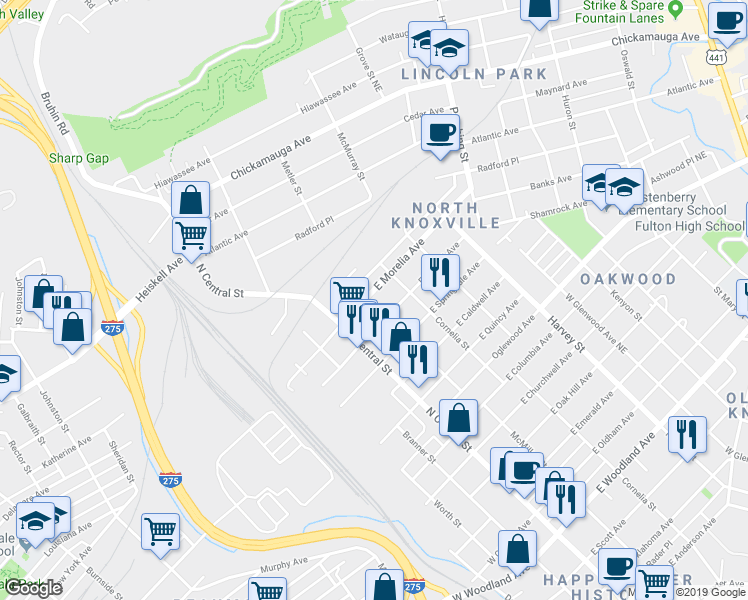 map of restaurants, bars, coffee shops, grocery stores, and more near 212 East Morelia Avenue in Knoxville