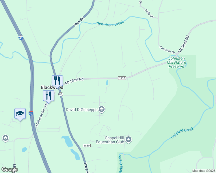 map of restaurants, bars, coffee shops, grocery stores, and more near 106 Wild Primrose Lane in Chapel Hill
