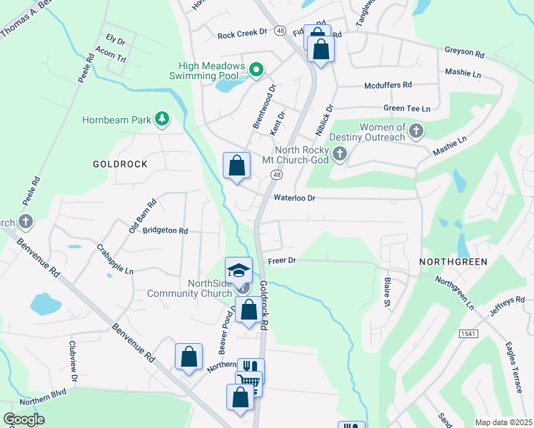 map of restaurants, bars, coffee shops, grocery stores, and more near Highway 48 in Rocky Mount