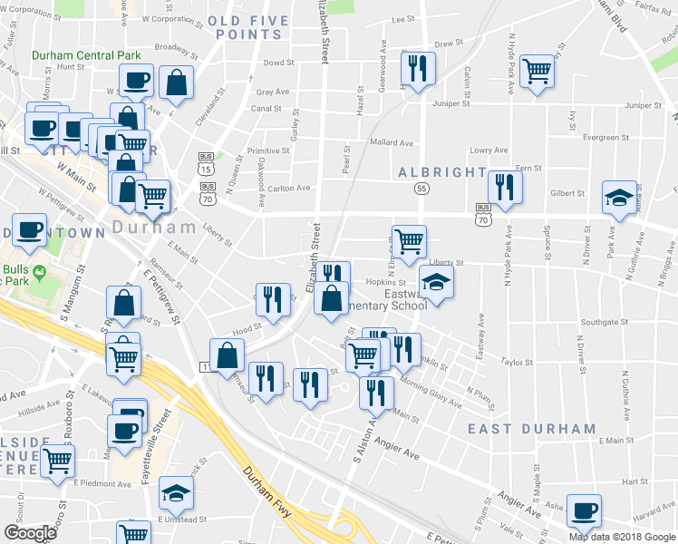 map of restaurants, bars, coffee shops, grocery stores, and more near 907 Taylor Street in Durham