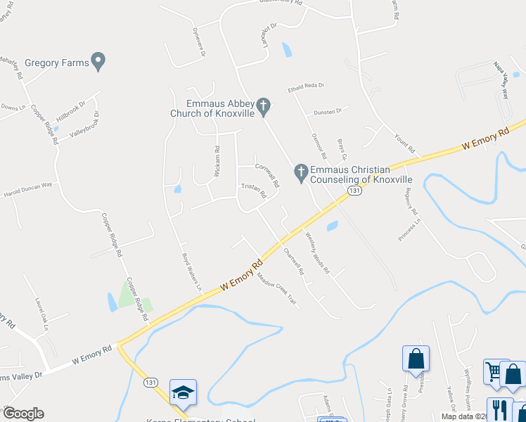 map of restaurants, bars, coffee shops, grocery stores, and more near 7302 Cornwall Road in Knoxville