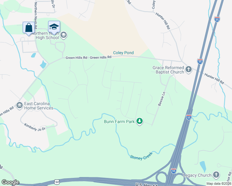 map of restaurants, bars, coffee shops, grocery stores, and more near 4405 Northstar Court in Rocky Mount