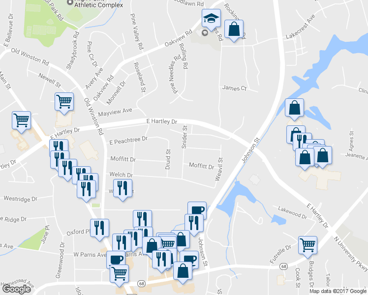 map of restaurants, bars, coffee shops, grocery stores, and more near 400 Snider Street in High Point