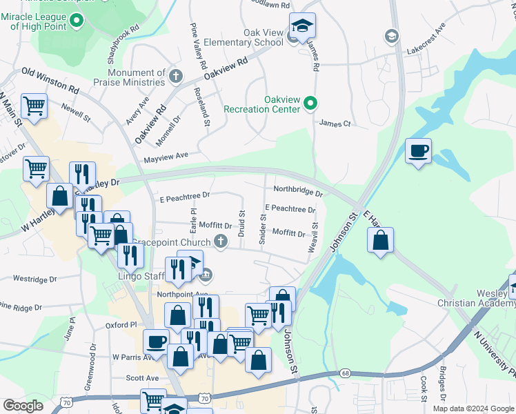 map of restaurants, bars, coffee shops, grocery stores, and more near 316 Druid Street in High Point