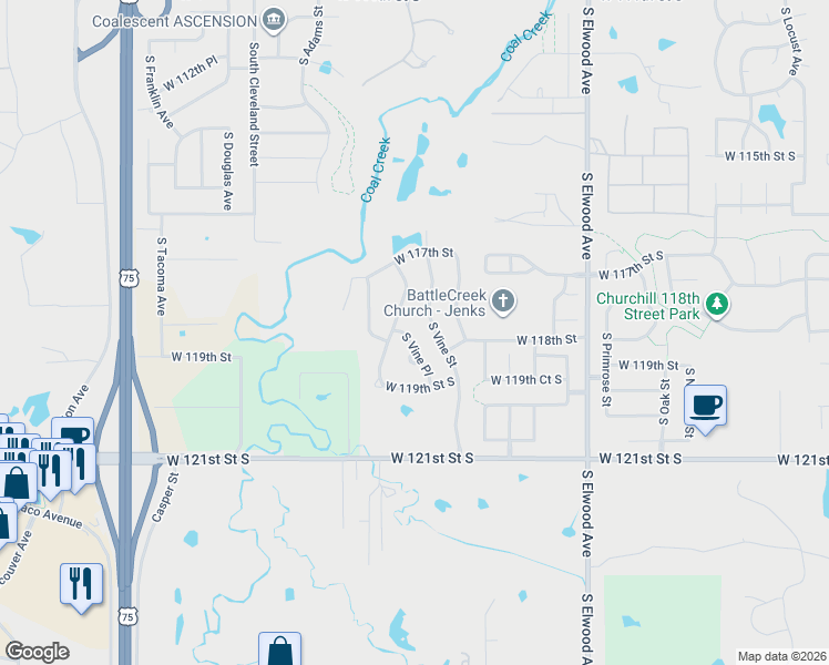 map of restaurants, bars, coffee shops, grocery stores, and more near 11724 South Vine Street in Jenks