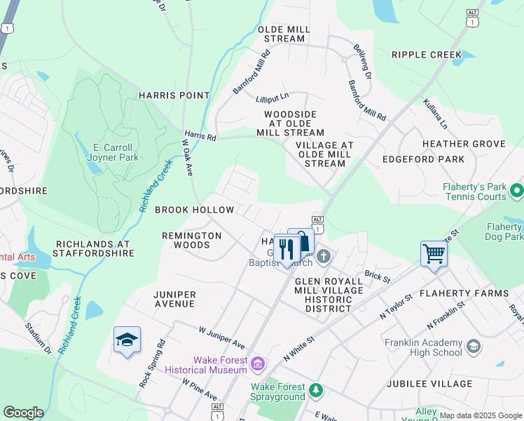 map of restaurants, bars, coffee shops, grocery stores, and more near 318 West Chestnut Avenue in Wake Forest