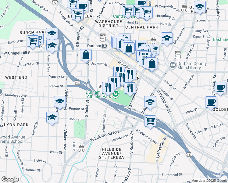 map of restaurants, bars, coffee shops, grocery stores, and more near 359 Blackwell Street in Durham