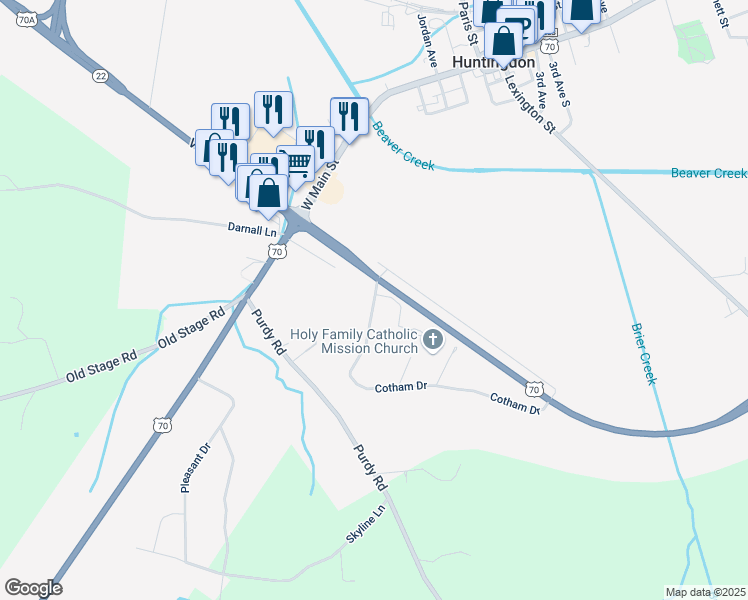 map of restaurants, bars, coffee shops, grocery stores, and more near 60 Cotham Drive in Huntingdon