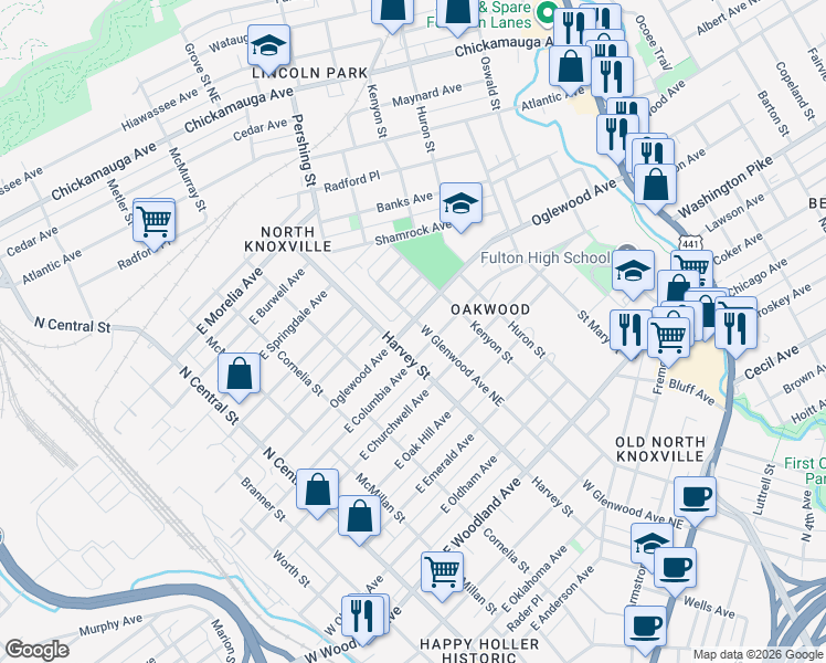 map of restaurants, bars, coffee shops, grocery stores, and more near 516 Oglewood Avenue in Knoxville