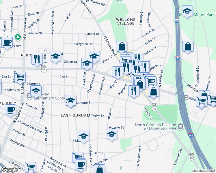 map of restaurants, bars, coffee shops, grocery stores, and more near 1612 Lathrop Street in Durham