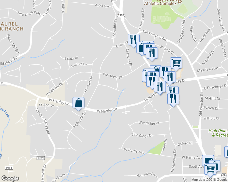 map of restaurants, bars, coffee shops, grocery stores, and more near 403 Pine Grove Drive in High Point