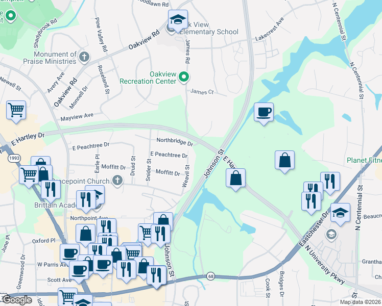map of restaurants, bars, coffee shops, grocery stores, and more near 406 Weavil Street in High Point