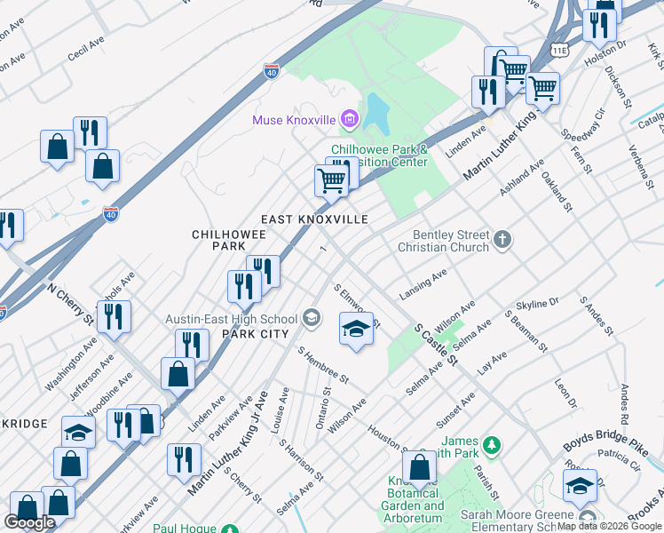 map of restaurants, bars, coffee shops, grocery stores, and more near 3013 Martin Luther King Junior Avenue in Knoxville