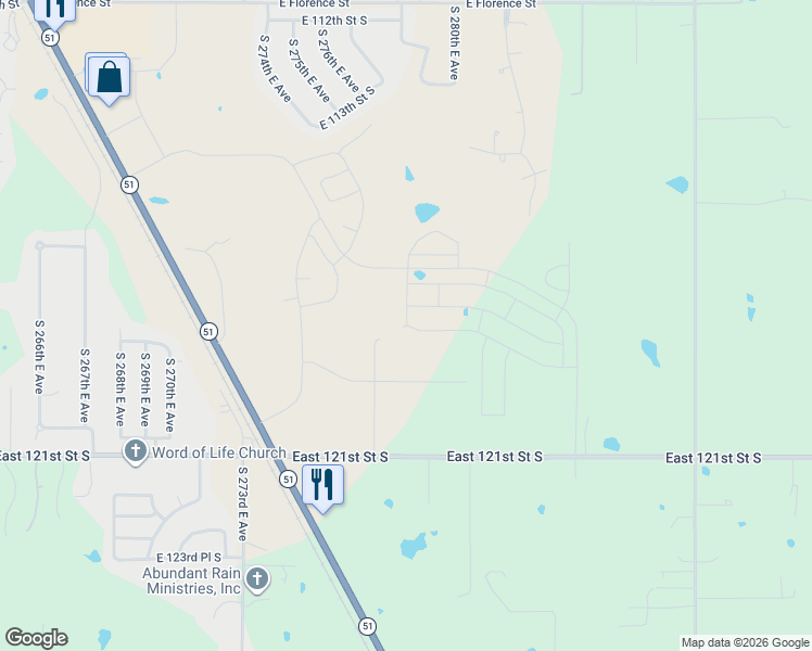 map of restaurants, bars, coffee shops, grocery stores, and more near 27819 East 119th Street South in Coweta