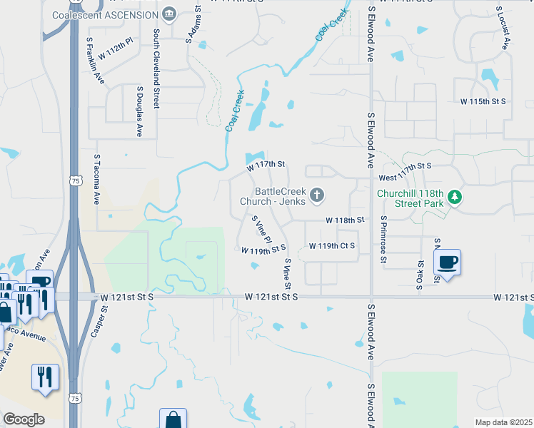map of restaurants, bars, coffee shops, grocery stores, and more near 11724 S Vine St in Jenks