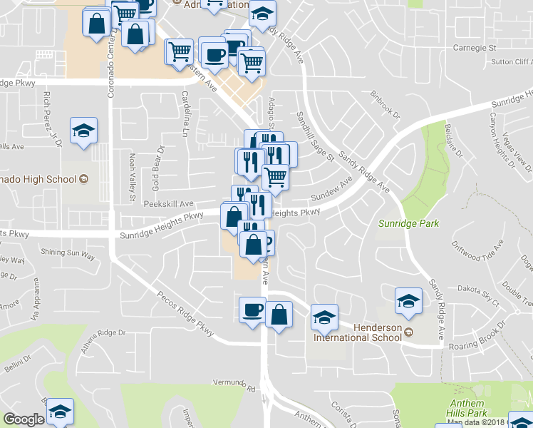 map of restaurants, bars, coffee shops, grocery stores, and more near 1418 Sunridge Heights Parkway in Henderson