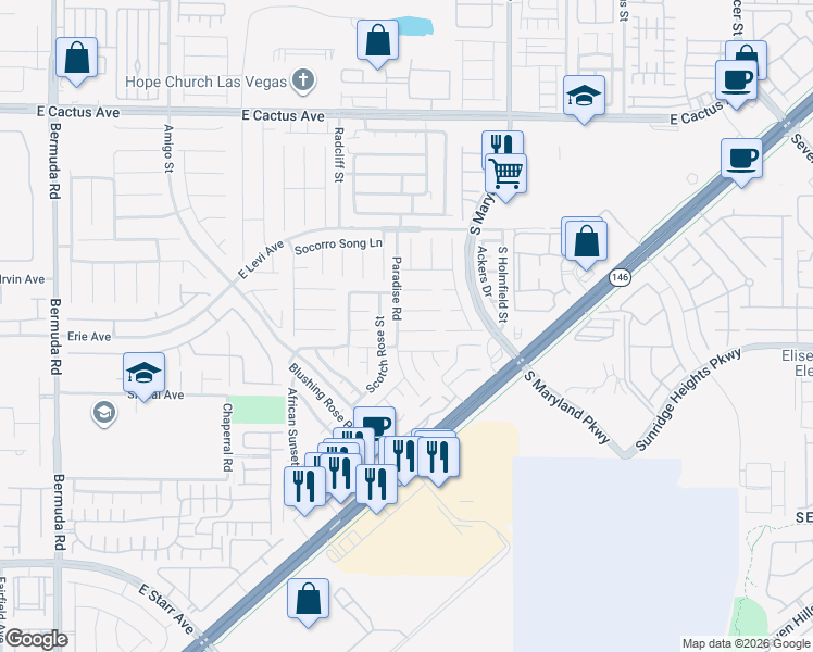 map of restaurants, bars, coffee shops, grocery stores, and more near 1026 East Sonoran Hope Avenue in Henderson