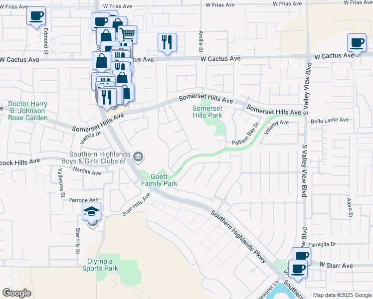 map of restaurants, bars, coffee shops, grocery stores, and more near 4434 Via Bianca Avenue in Las Vegas