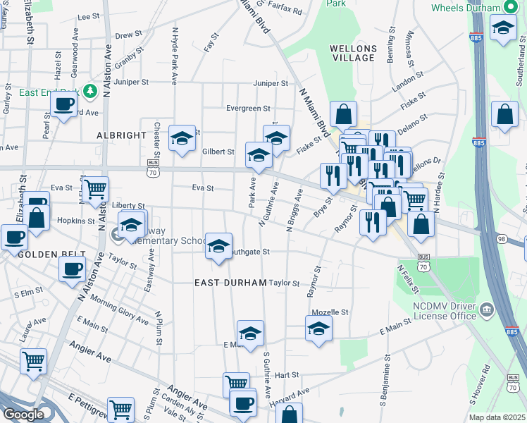 map of restaurants, bars, coffee shops, grocery stores, and more near 705 North Guthrie Avenue in Durham