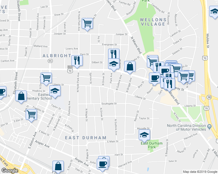 map of restaurants, bars, coffee shops, grocery stores, and more near 1305 Liberty Street in Durham