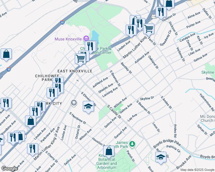 map of restaurants, bars, coffee shops, grocery stores, and more near 3200 Ashland Avenue in Knoxville