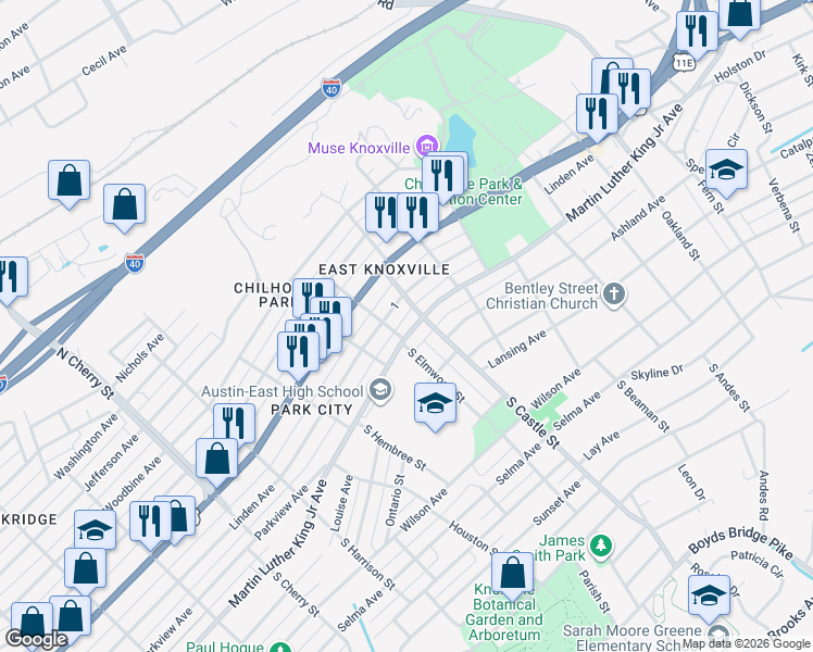 map of restaurants, bars, coffee shops, grocery stores, and more near 3013 Martin Luther King Junior Avenue in Knoxville