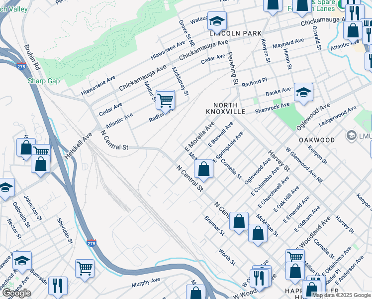 map of restaurants, bars, coffee shops, grocery stores, and more near 212 East Morelia Avenue in Knoxville
